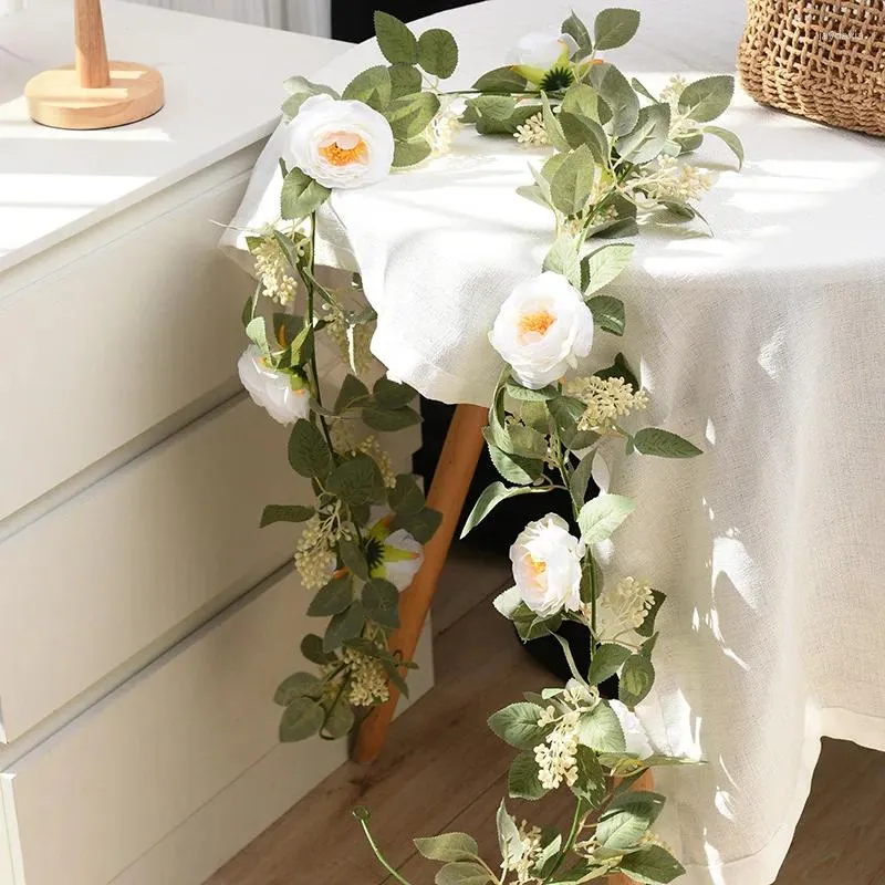 Fleurs décoratives 2m Fleur artificielle Fausse Vines Rose Garland Eucalyptus Plant de suspension pour le décor de table de porte de la porte d'arche de mariage