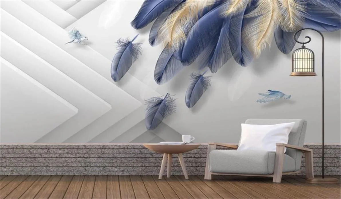 Fond d'écran 3D de luxe personnalisé moderne Léger de luxe peint à la main peinte en bleu doré plume tridimensionnel en soie peint mural 3129585