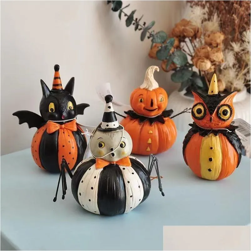 Decorative Objects Figurines Halloween Decoration Cat Pumpkin Ghost Fun Scene Country Retro Handmade Painted Black Gift Scpture Cr Dhok3