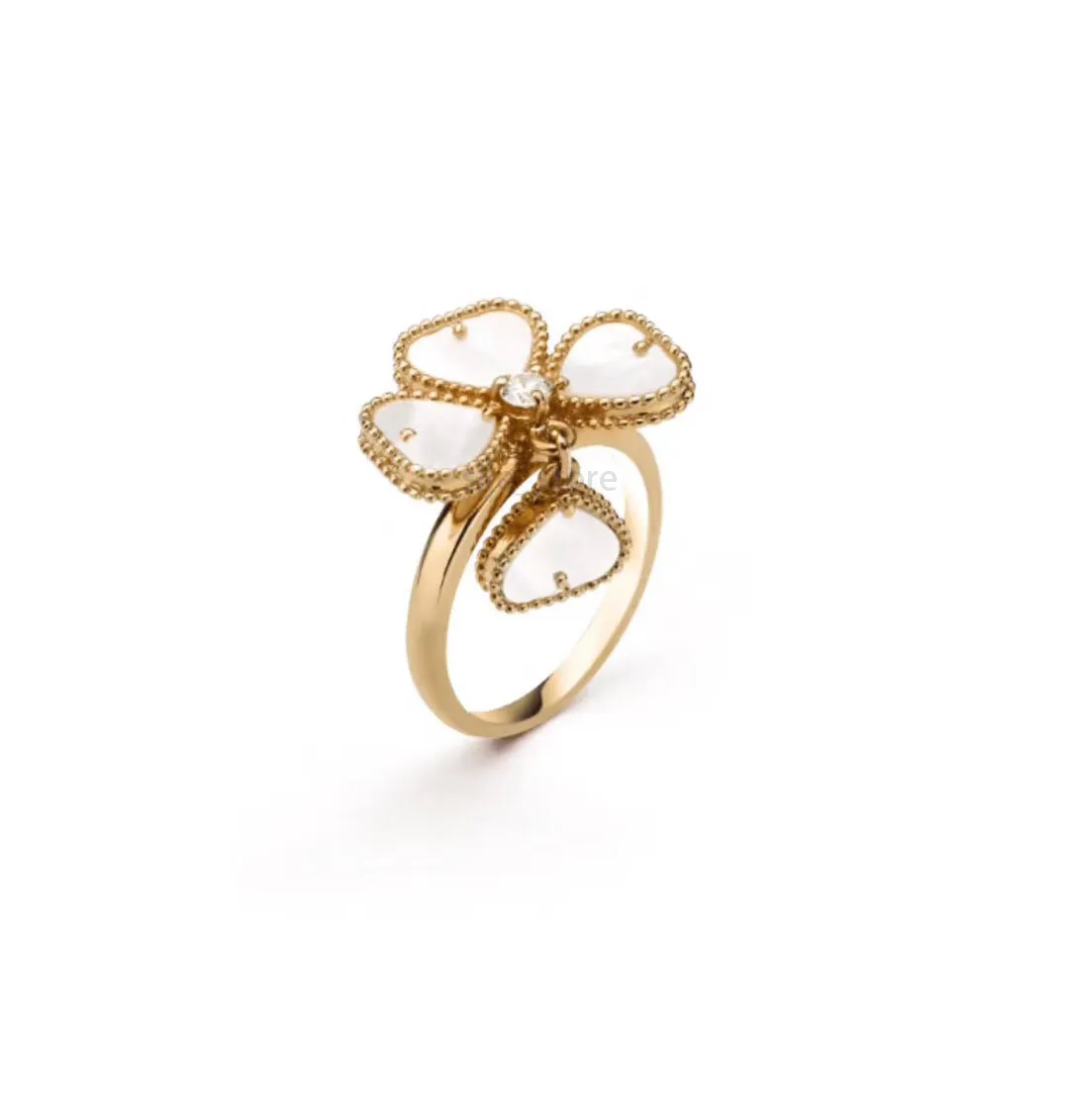 2 flower 4 leaf clover ring designer for women V-GOLD high polished non fade thicker gold plated love rings open adjustable inlay diamond jewelry daily outfit