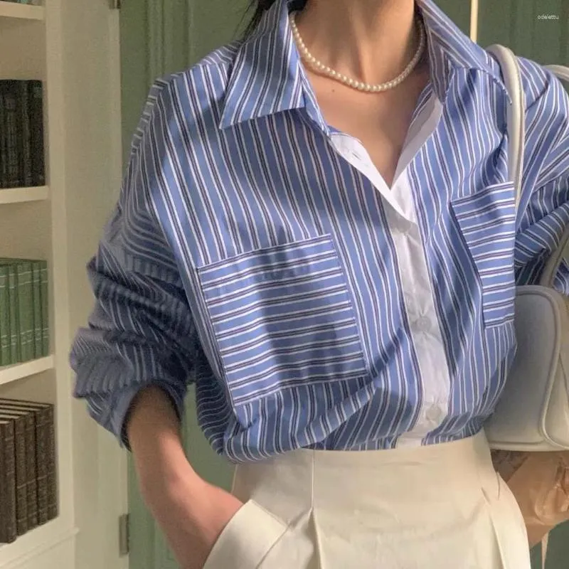 Women's Blouses Coigarsam Shirt Womens Tops 2024 Vintage Office Lady Three Quarter Sleeve Striped Panelled Pink Blue Women Shirts