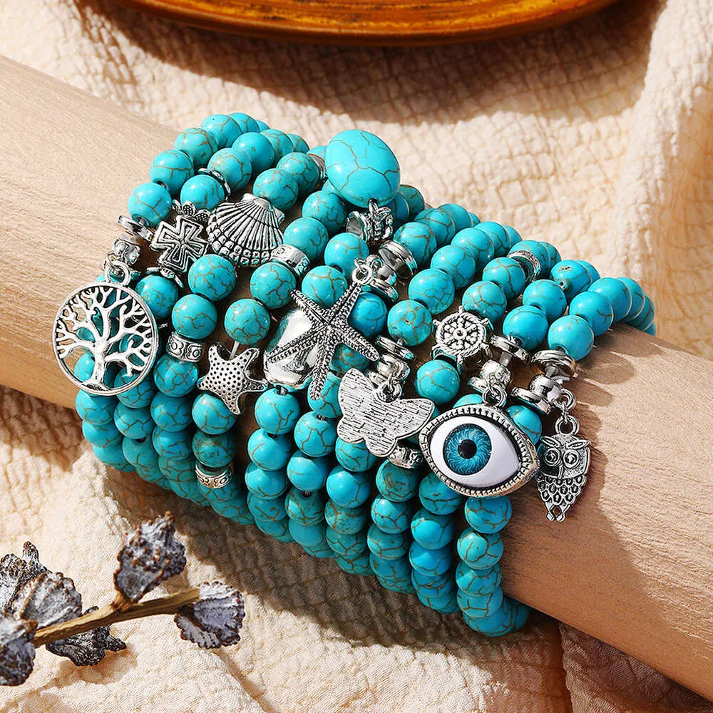 Beaded Bracelet Womens Set Bohemian Ethnic Style Turquoise