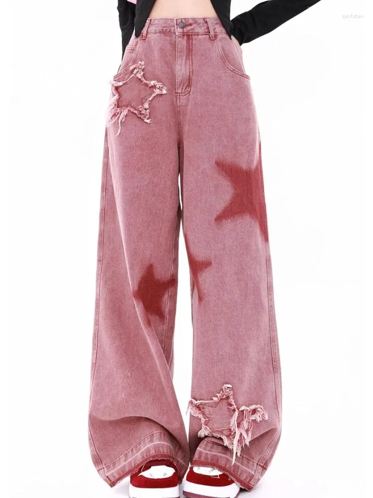 Damskie dżinsy gwiazdy prasowy Patch Vintage Red Street Retro Style Casual Denim Spods żeński wysoki talia proste spodnie 4xl