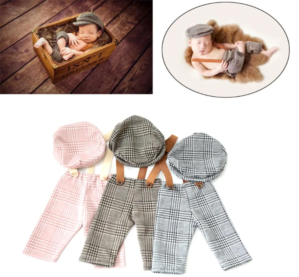 Nyfödda platt cap sets pojke overaller för po shoot bebe fotografia outfit byxor spännband remmar po baby pografi props y2006743772