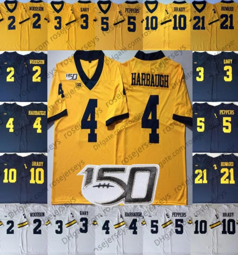 2019 150th Michigan Wolverines # 4 Jim Harbaugh 5 Jabrill Peppers 21 Desmond Howard 2 Carlo Kemp Jake Moody White Navy Jaune Jerseys2062410