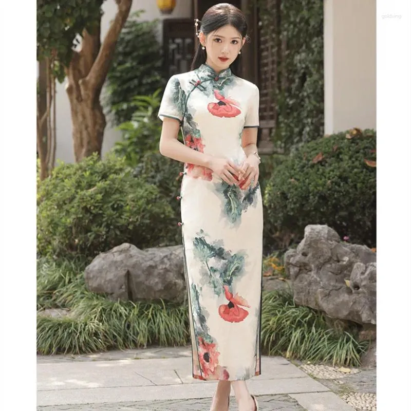 Etniska kläder kinesiska traditionella cheongsam kvinnor flickor fest bröllop mode vintage blommigt tryck satin qipao klänning