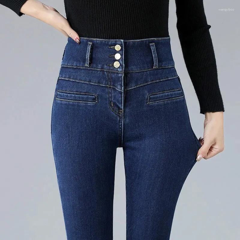 Damesjeans 2024 dames superhoge taille sexy magere winter retro blauw zwart dikke elastische denim potloodbroek