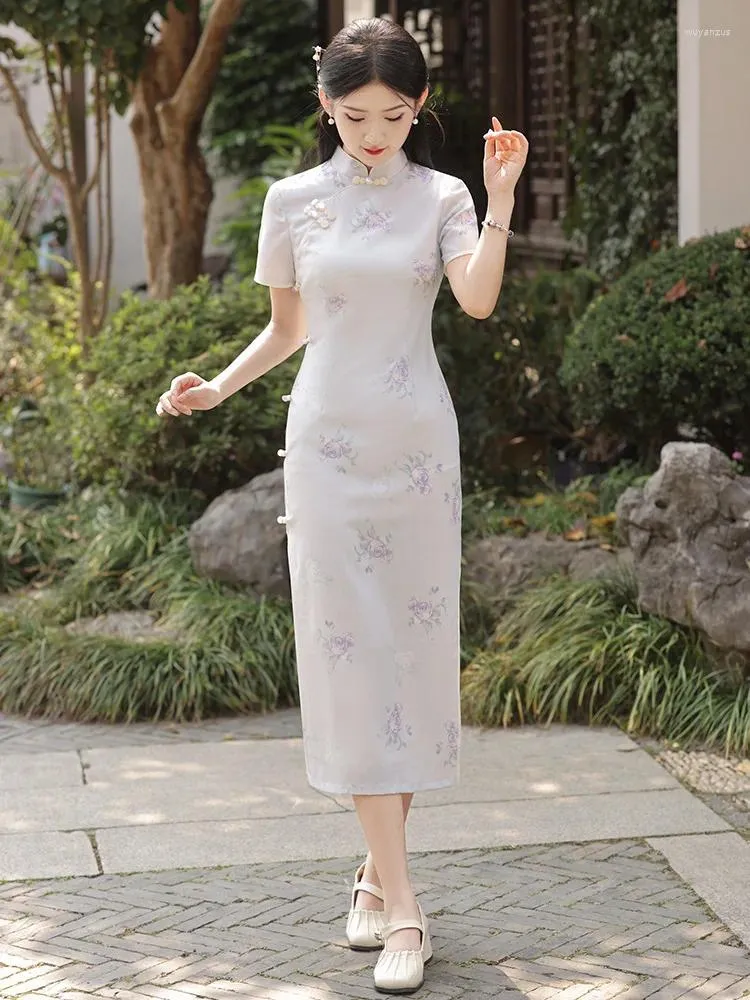 Roupas étnicas Vintgae Vestido chinês elegante sexy sexy slim split cheongsam verão manga curta impressão floral longa qipao vestidos