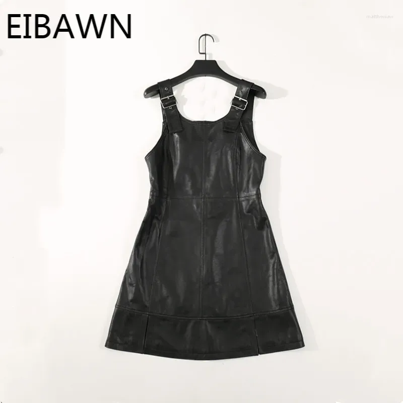 Casual Dresses Spring 2024 Leather Dress Women's Slim Sheepskin Strap Was Thin In The Long Section Suspenders A-line Skirt Tide