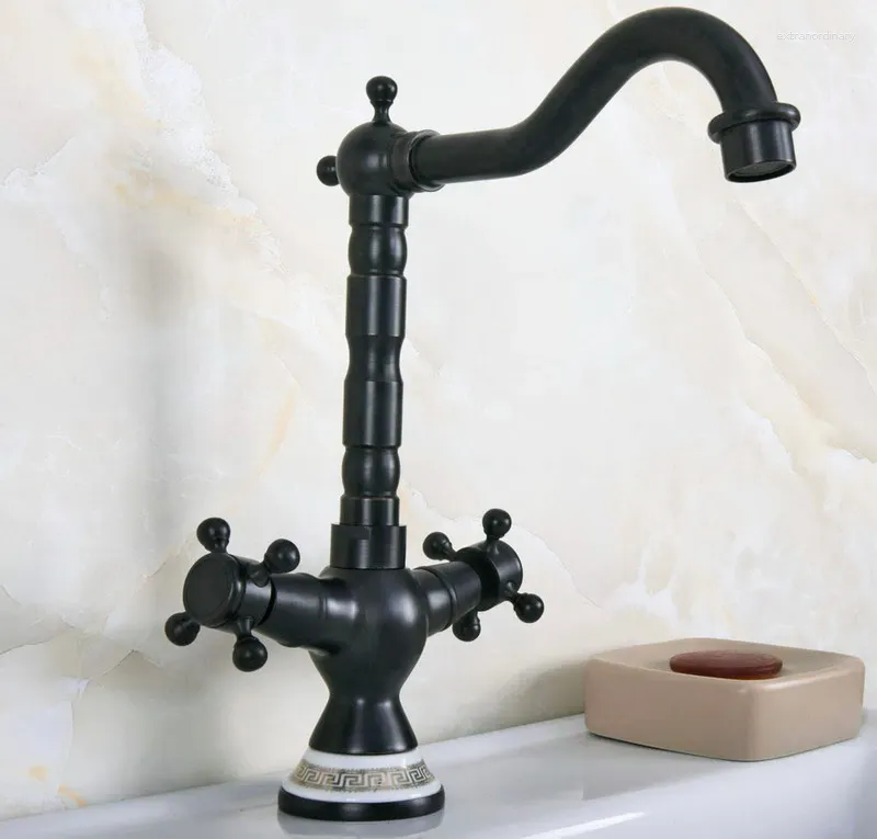 Kitchen Faucets Oil Rubbed Bronze Dual Handles Bathroom&Kitchen Basin Vessel Sink Faucet Swivel Spout Single Hole Cold& Mixer Tap Tnf648