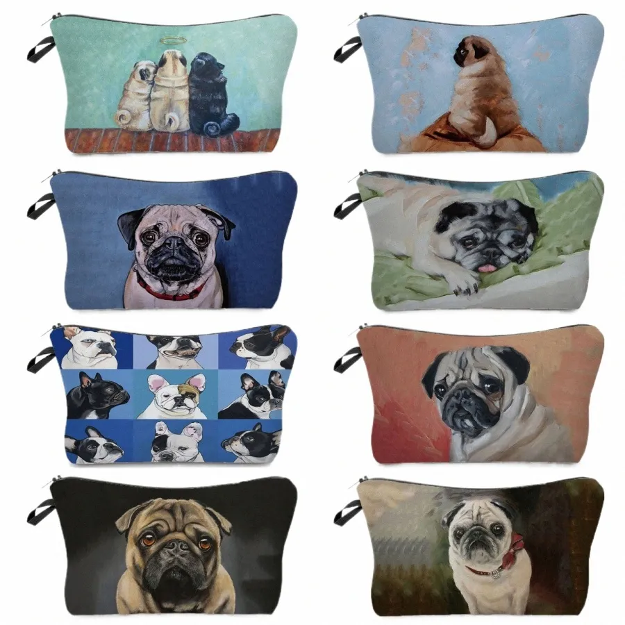 schattige pug honden printen dames cosmetica tas vrouwelijke make -uptassen draagbare toiletpak big kinderpotlood case ruime opbergzak Q1CO#