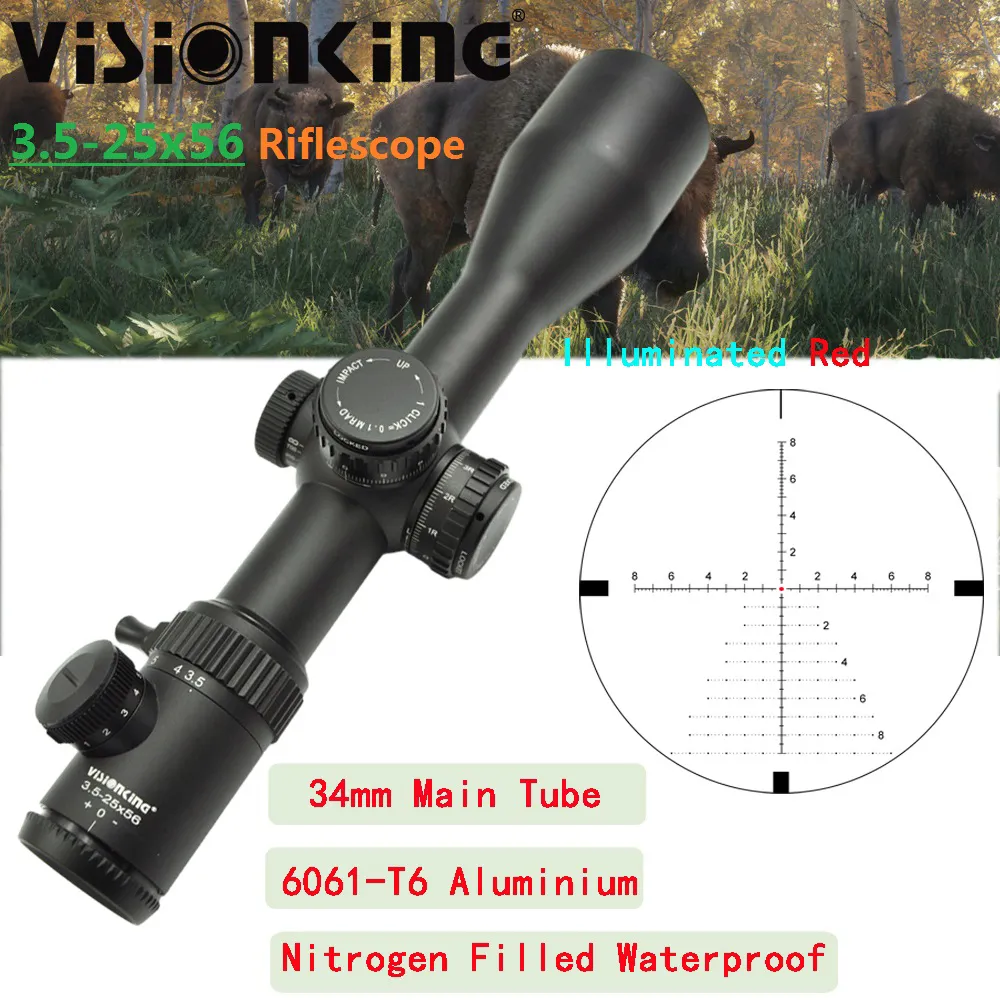 VisionKing Hızlı Odaklanma 3.5-25x56 Tüfekkop Bak4 FMC 34mm Tüp MIL-DOT ILLUMED AVING TAKICAL SHITTING AZTROJİ OPTİK GÖRÜNÜM .22 ila .338