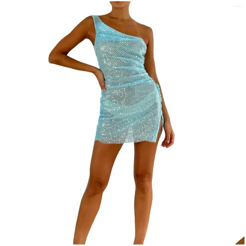 Robes décontractées de base Femmes One Shoder Sequin Mini robe robe scintillante scintillante Ruccut Bodycon Party Club Swimsuit Er Ups Drop Livrot Dhc2n