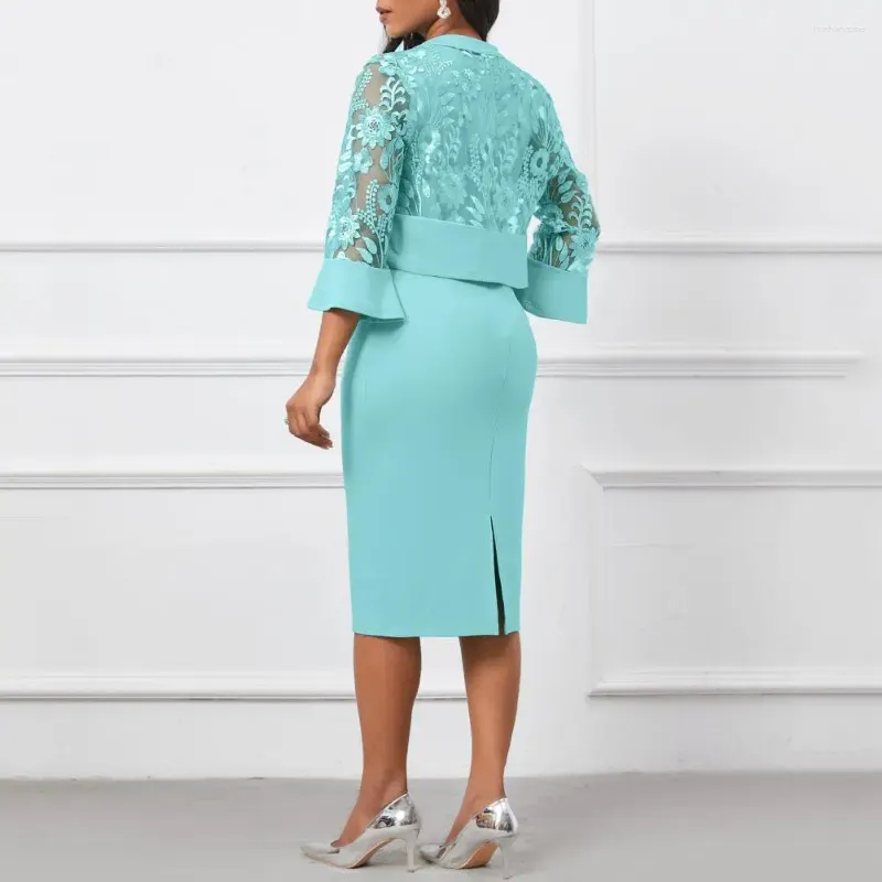 Women's Casual Turquoise Blue Silk Chiffon Dress Set with V-Neck