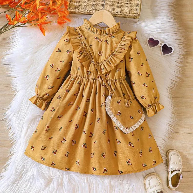 Girl Dresses Children Dress for Girls da 4 a 7 anni con increspatura a maniche lunghe con stampa floreale giallo inverno in inverno con borsa a tracolla