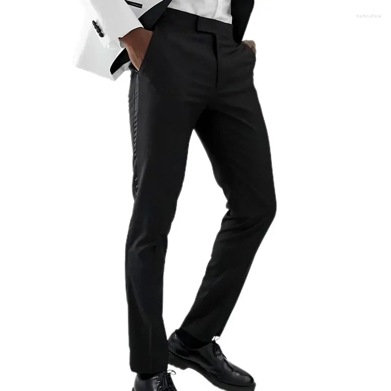 Abiti da uomo pantaloni uomini neri con strisce raso laterale un pezzo ufficiale slim fit cousers maschili