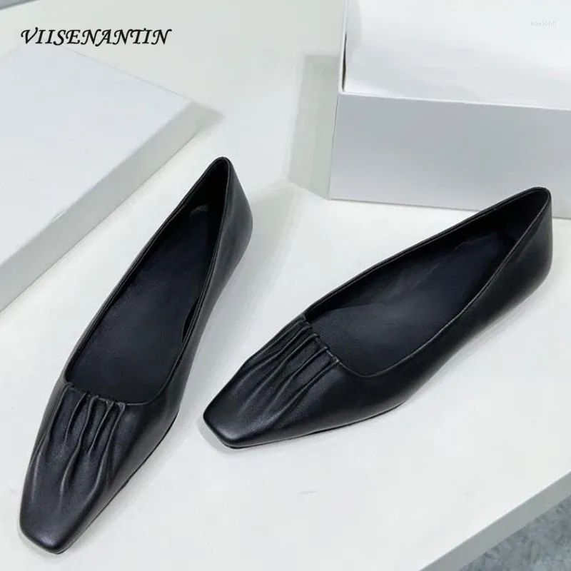 Casual Shoes Comfortable Soft Sheepskin Flats Women Pleated Design Shallow Mouth Loafers Small Square Toe Mules Autumn Spring