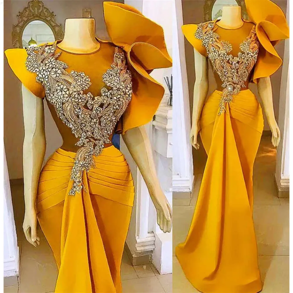 Taille arabe plus aso ebi sirène jaune sirène élégante robes de bal élégantes cristaux perlées soirée formelle deuxième réception de demoiselle d'honneur robe