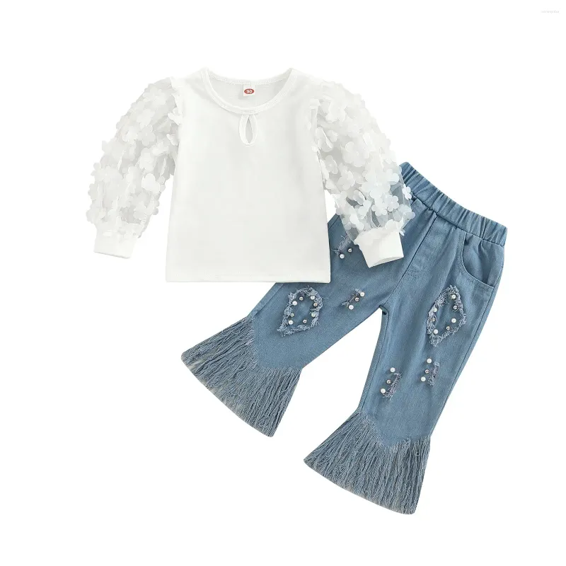 Ensembles de vêtements pour enfants bébé filles tenues d'automne doux 3d fleur en mailles bouffées patchwork T-shirts côtelés