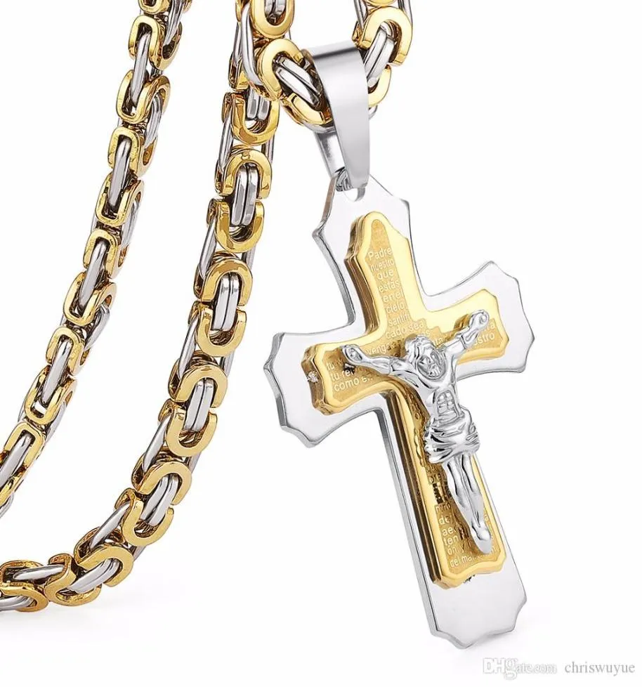 Venta caliente multicapa Cristo Jesús Collar colgante de acero inoxidable Enlace de acero inoxidable Cadena Bizantina Men pesados Joyería Regalo 6142627