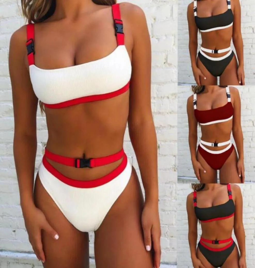 Sportstil sexiga damer bikini 2019 sommar nya kvinnor039s fast färg spänne split baddräkt 2 stilar4927265