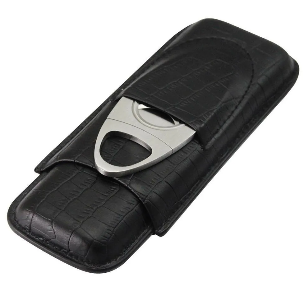 2 Tube Cigar Holder Case Black Crocodile Mönster Läder Cutter Fit Cohiba Cigar Humidor Box Smoker Use6365742