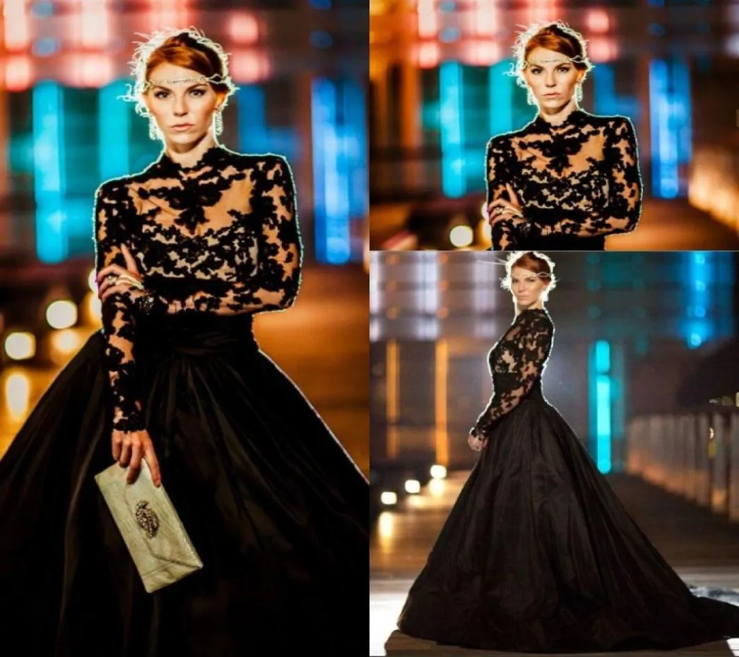 Gorgeous Evening Dresses High Neck Long Sleeves Lace Taffeta Ball Gown Prom Dresses Modest Black Celebrity Dress Sweep Train9385015