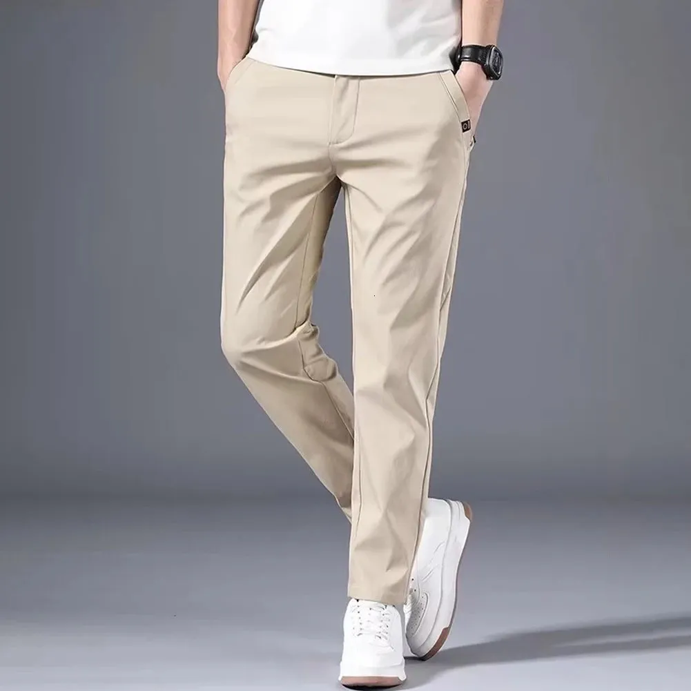 Modemän smala fit byxor solid färg stretch chino byxor avslappnad platt front flex klassiska full män kläder 240408