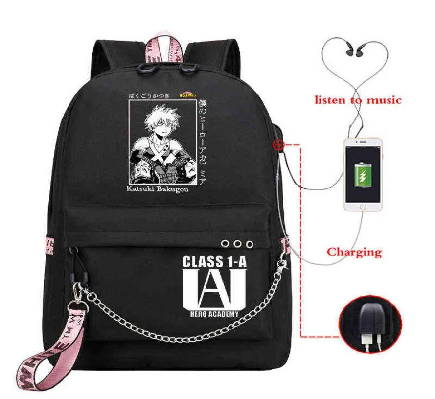 Anime My Hero Academia Deku Bakugou Boku Nenhuma bolsa escolar para meninas laptop feminino Backpack USB6950041