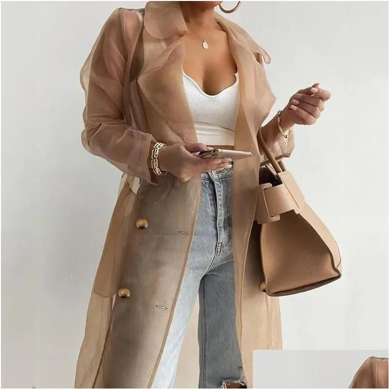 Womens Jackets Women Organza See Though Sunsn Long Sleeve Trench Summer Autumn Fashion Double Breasted Coat With Belted Tops Drop Deli Otsqn