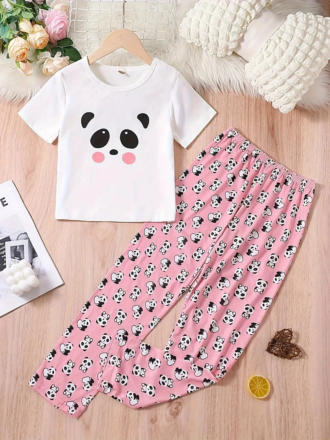 Girls 2 pièces Pyjama à la mode sets Cartoon Panda Pathea Round Cou Col à manches courtes Top 240407