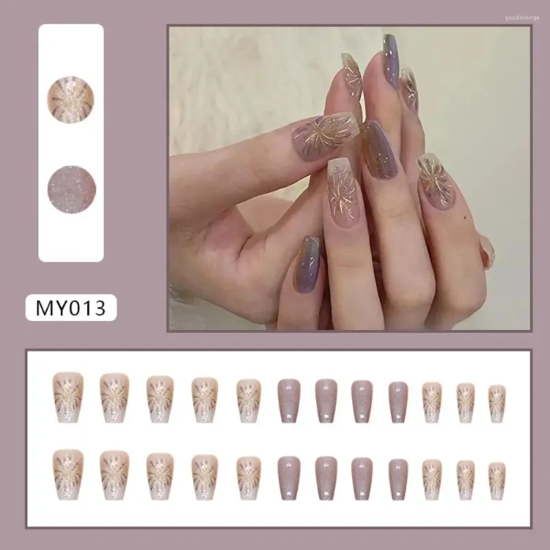 Falso unhas 24pcs Ballerina longa Fake French Purple Blooming Fireworks Cover Press On DIY destacável