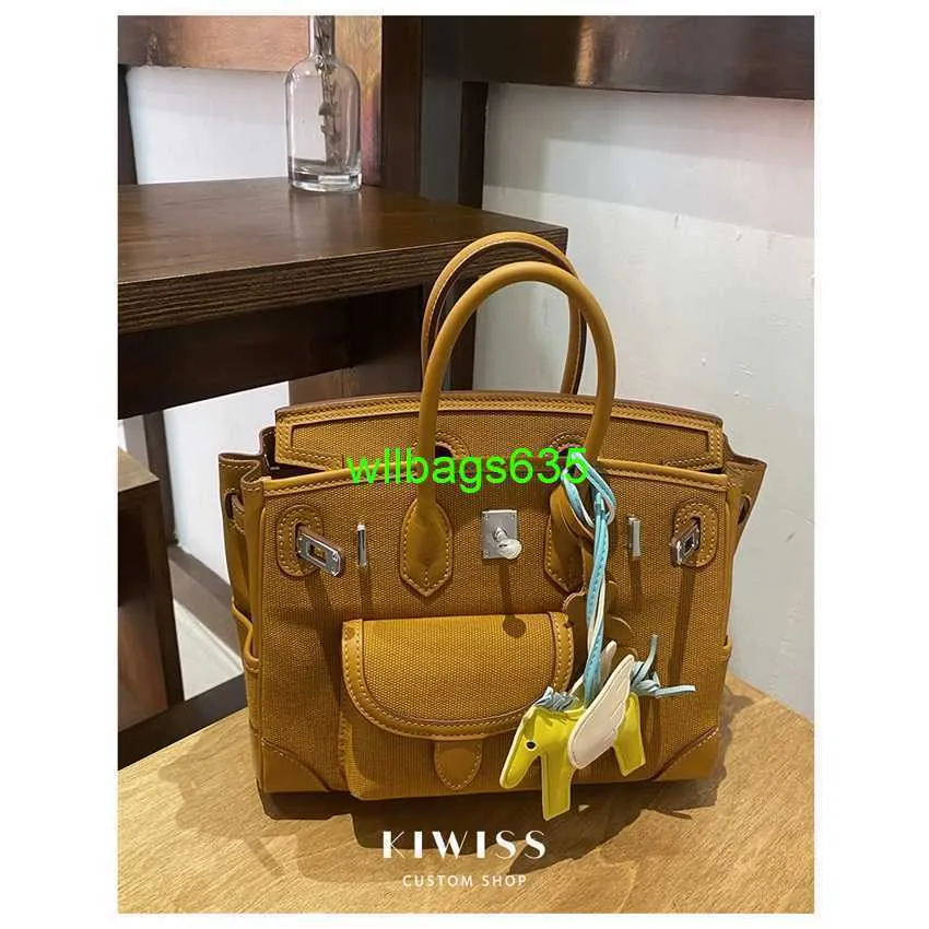 Cargo Totes Bk Cloth Handbag Canvas Patchwork Leather 25cm Portable Pocket Platinum Bag Highend Fashion Versatile One Shoulder Genuine Leat have logo HBCE8K