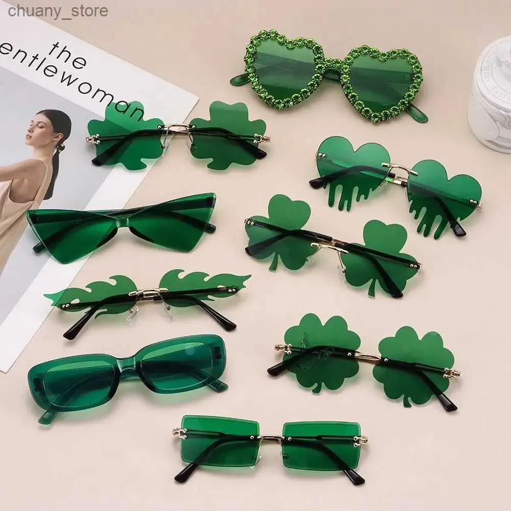 Solglasögon St. Patricks Day Irish Shamrock Solglasögon Green Four Leaf Clover Leprechaun kostymglasögon Fashion Rimless Sun Glasses Y240416