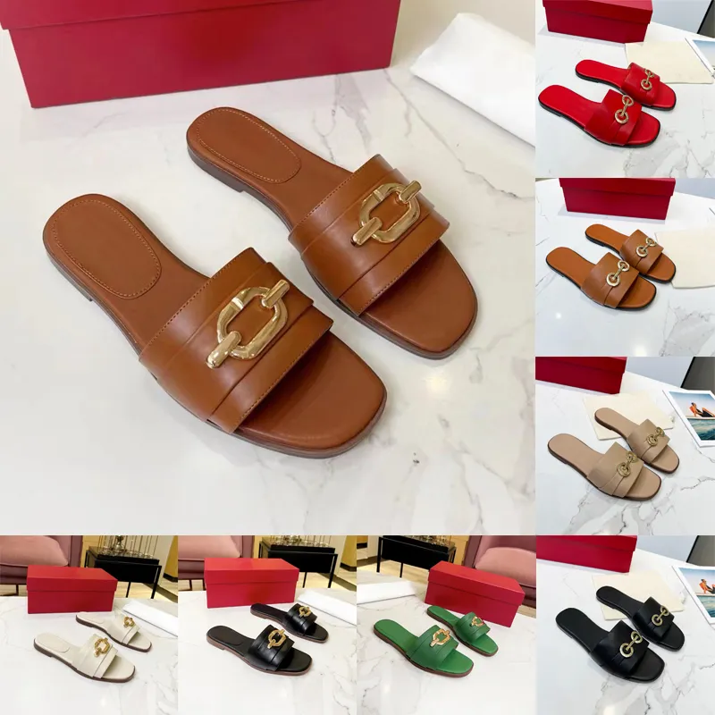 Gancini designer sandaler tofflor för kvinnor platt klackar sandal läder metalliska lyxiga skjutreglage kvinnor mode glider röd brun svart vit sommarrum casual skor