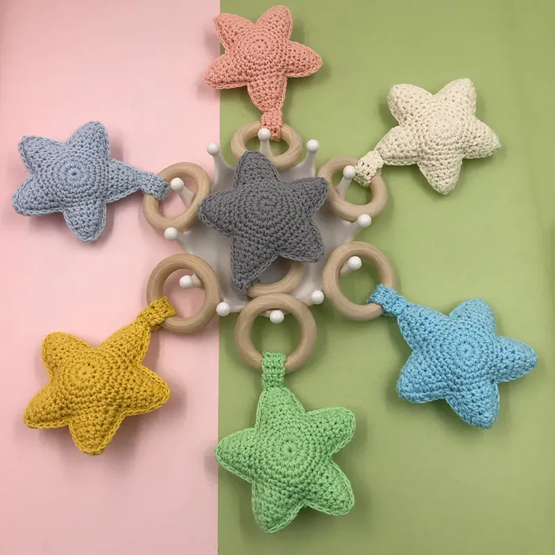 Baby Rattle Bells Crochet Knitted Star Baby Play Gym Baby Teething Wooden Ring Teether Pendant For Kids Gift Toys