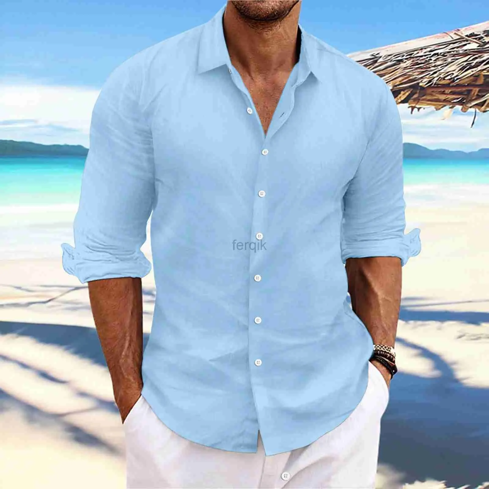 Men's Casual Shirts Mens Linen Long-Sleeved Spring Autumn 100%Cotton Solid Color Turn-down Collar Style Plus 24416