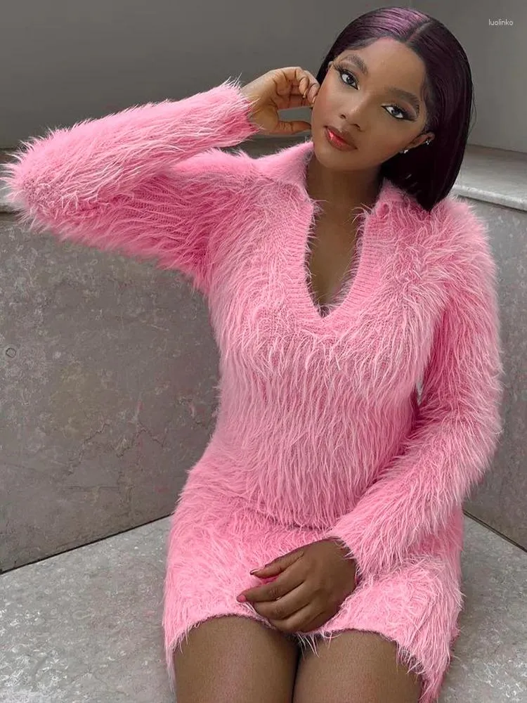 Women's Slim Fit Bodycon Dress with Puss Knit Lapel, Low Chest and Full sleeves - Perfect for Casual, Rave, Party, and Clubwear in Winter