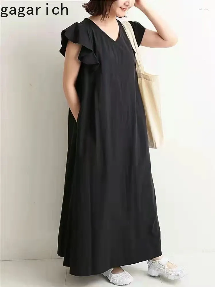 Casual Dresses Gagarich Woman Dress Japanese Style Korean Summer V-Neck Flying Sleeve Loose Thin Simple Temperament Solid Long Long Long Long