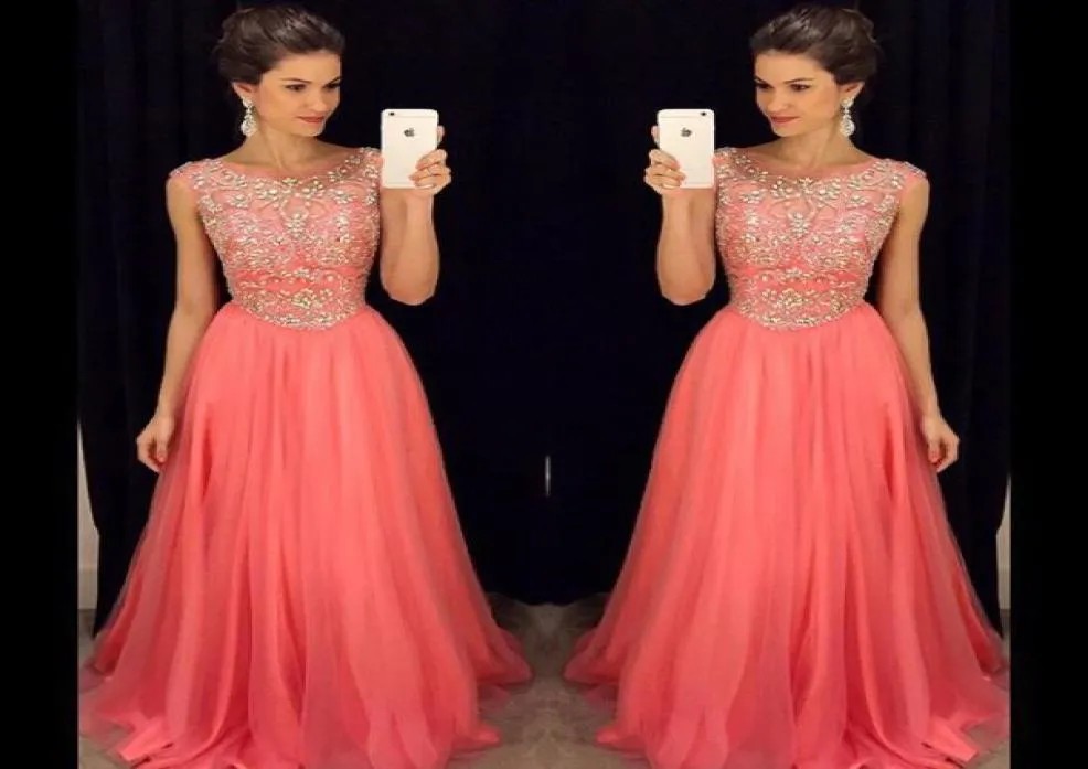 Różowe sukienki na studniówkę kryształowe koraliki formalne długie sukienki ukończenia szkoły 2019 r. Z linią klejnot szyi rękawy Zip Ball Gowns5622346