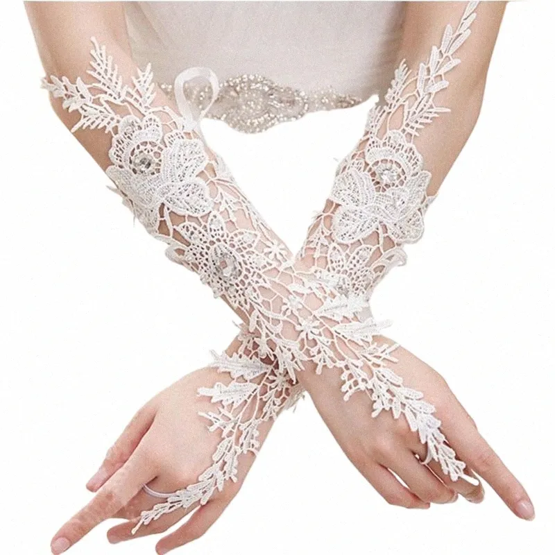 Elegante witte kant LG Wedding Gloves voor bruid kristal fingerl elleboog LG bruidshandschoenen vrouwen bruiloft