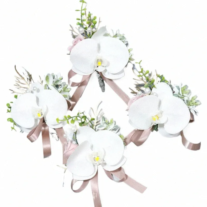 Blanc Artificical Butterfly Orchid FRS Corsage du poignet BoutNieres Bridesmaid Marriage Marriage Acturaux X9ck #