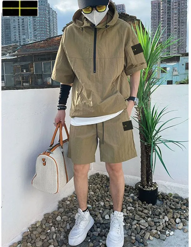 Stone Jacket Designer Pocket Jackets Kort ärm Badge Men Skjorta Casual Jacket Set Short Sleeve broderade män Skjorta Shorts Pants 35