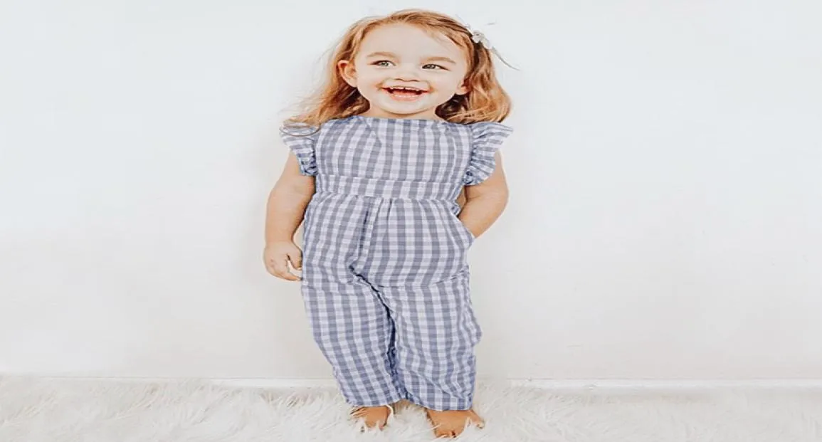 Kids Girls Jumpsuits Summer Baby Girl Ruffles Fly Sleeve Plaid Overalls Jumpsuit Children Cotton Clothes A56928486786