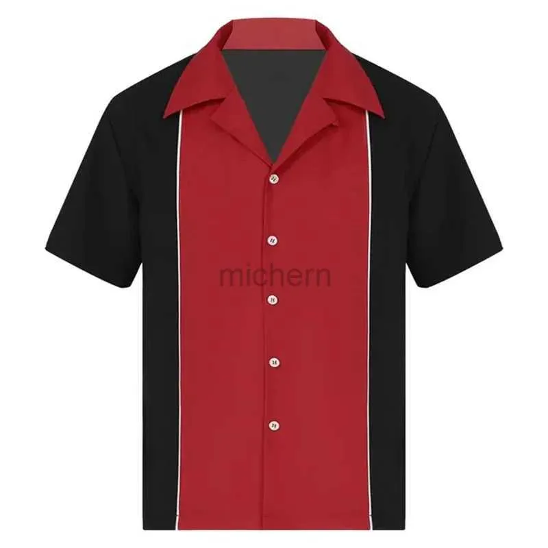 Męskie koszule 2024 Summer New Mens Bowling Shirt Retro krótkie rękawowe przycisk Niedoboczysty kołnierz w paski 5xl 240416