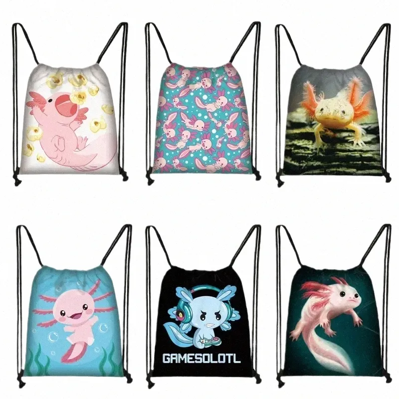 kawaii axolotl backpack gamesolotl 게이머 여자 드로우 스트링 가방 여행 귀여운 소년 여자 어깨 가방 책장 신발 홀더 선물 r242#