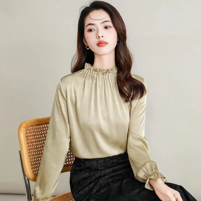 Women's Blouses Chinese Style Women Chic Slik Shirts Khaki Low-key Pattern Jacquard Tops Ruffle Collar Petal Cuff Design Basic Ladies