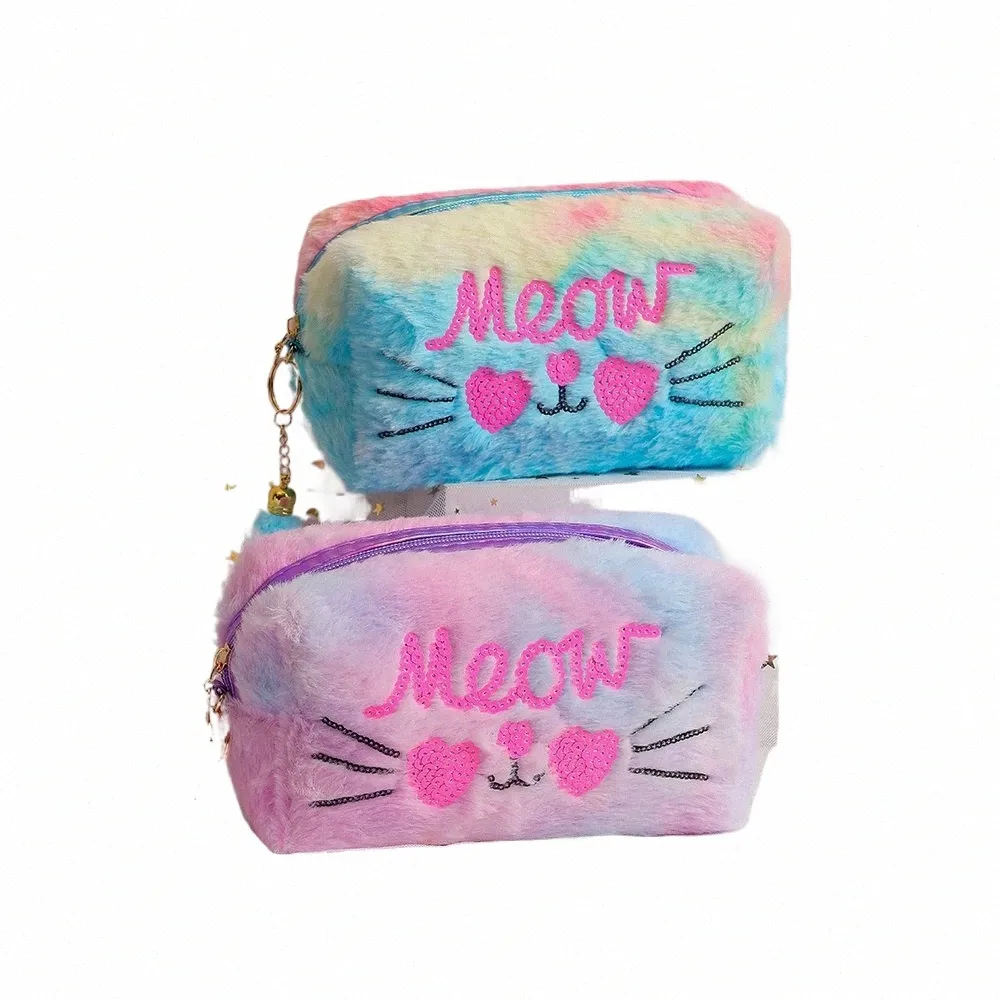 sweet sequins cat large makeup pouch soft rainbow furry travel organizer pouch girls small bag B613#