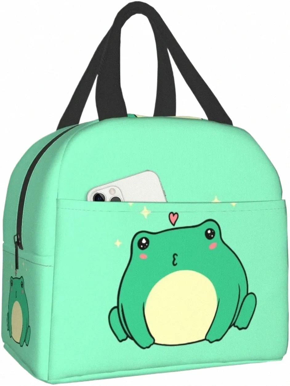 Kawaii Green Frog Pranzo Bento Borsa per pranzo isolato Box riutilizzabile per pranzo impermeabile con tasca FRT per Office di viaggio Picnic E1vk#