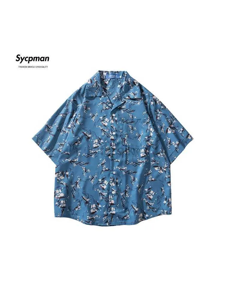 Mäns avslappnade skjortor Sycpman retro Hawaiian stil full tryck kubansk krage kortärmade män lös skjorta för våren och sommaren 24416